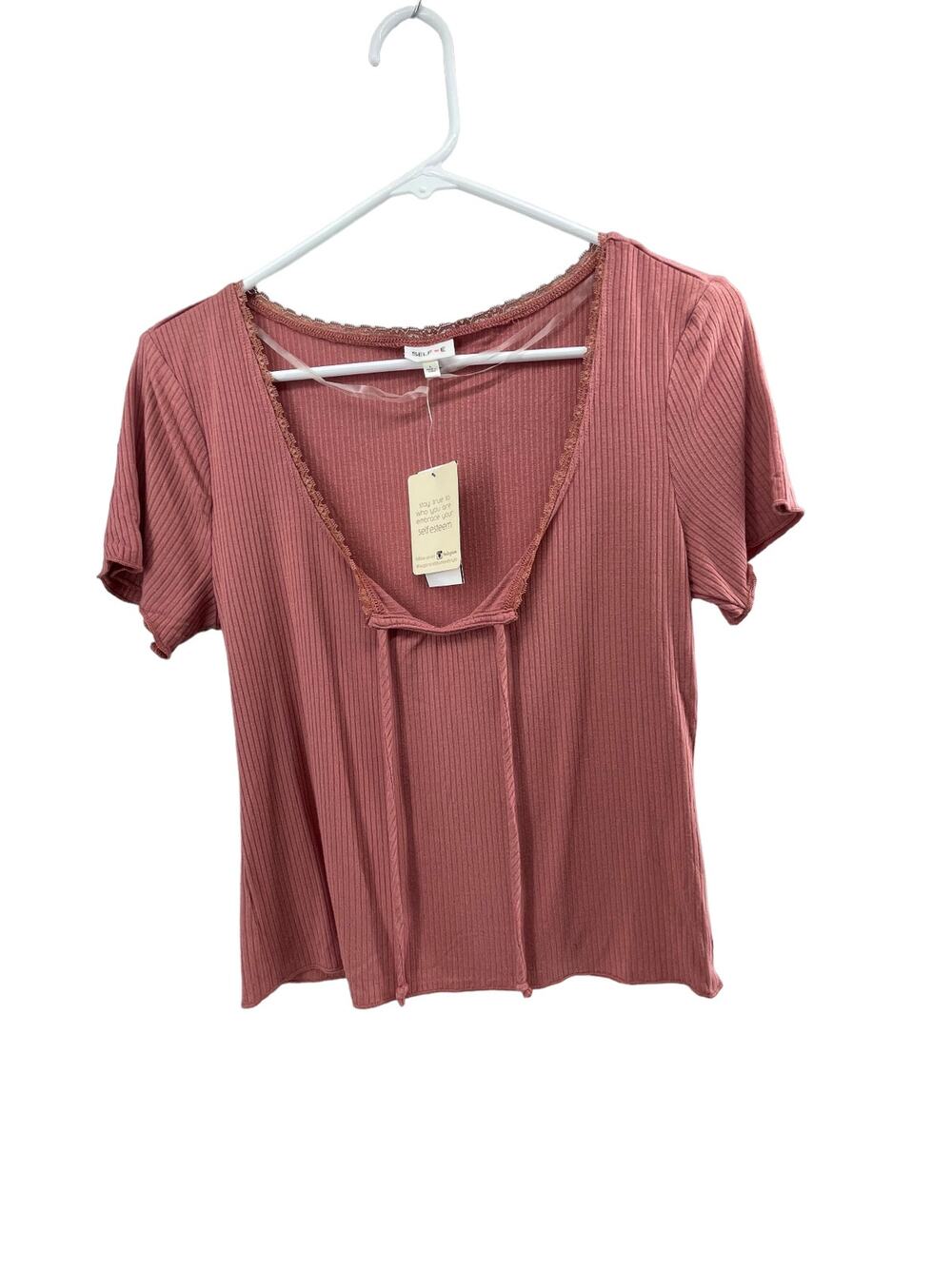 NWT Selfie Pink Ribbed Tie Bust Short Sleeve Top Women's Size Large